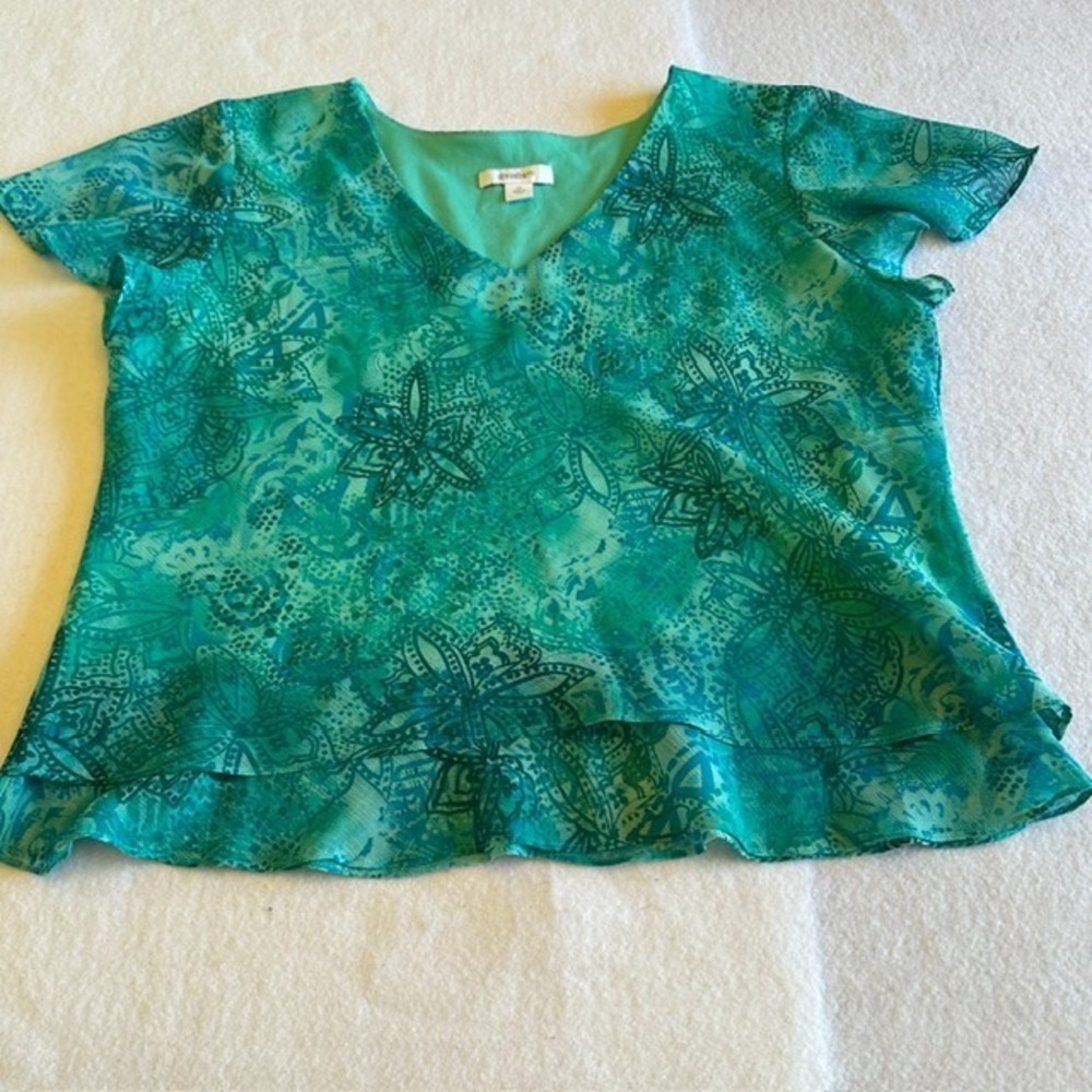 VTG Dressbarn Ruffle Blouse Women 1X Teal Short Sleeve Floral Flowy Fairy Y2K